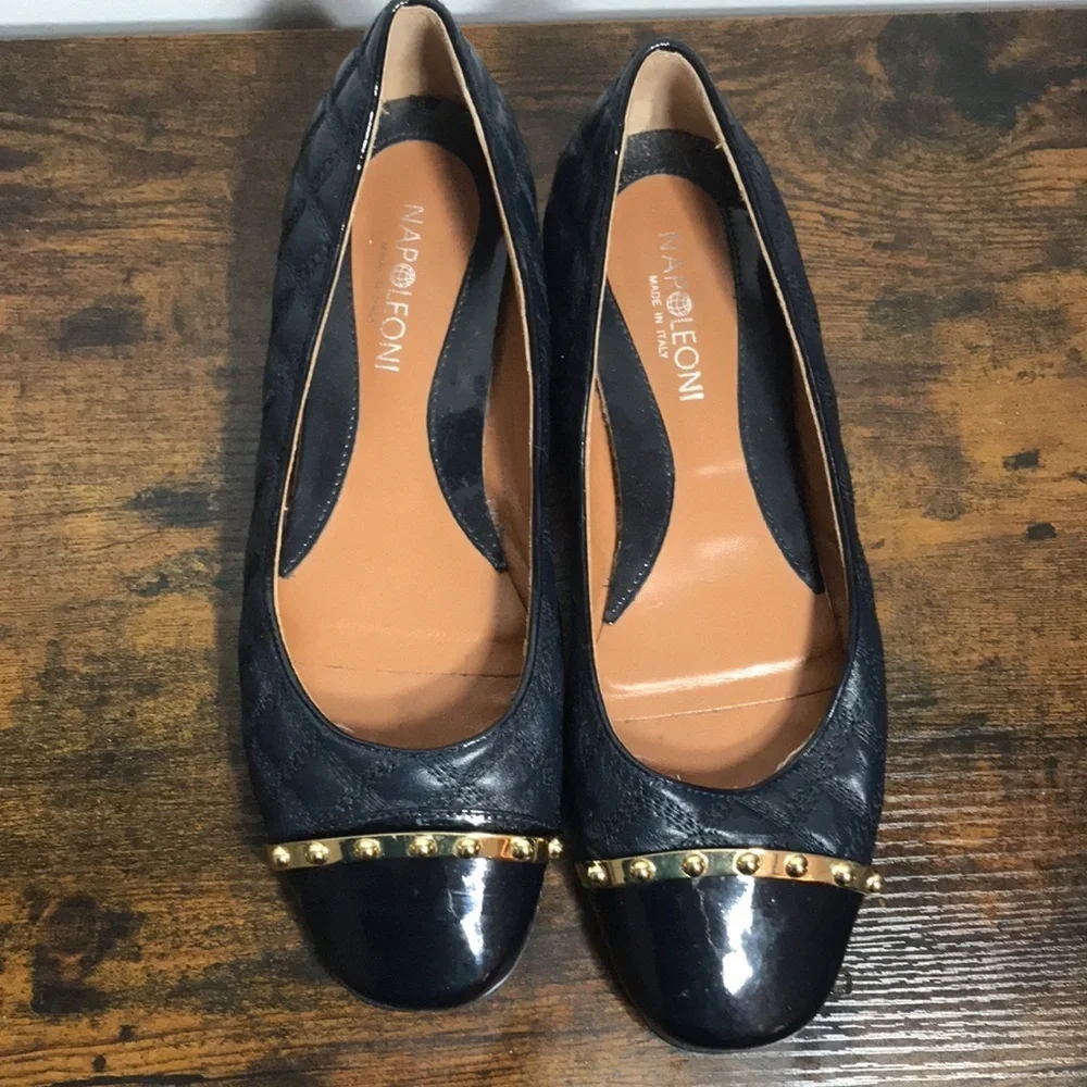 Vintage Napoleoni Navy Leather Quilted Gold Heels Ballet Flats Made in Italy - Picture 5 of 10